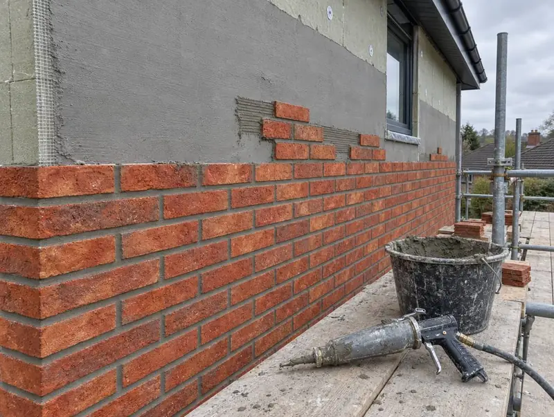 Red brick slips being laid and pointed over insulation on a house wall, the upper wall still in basecoat