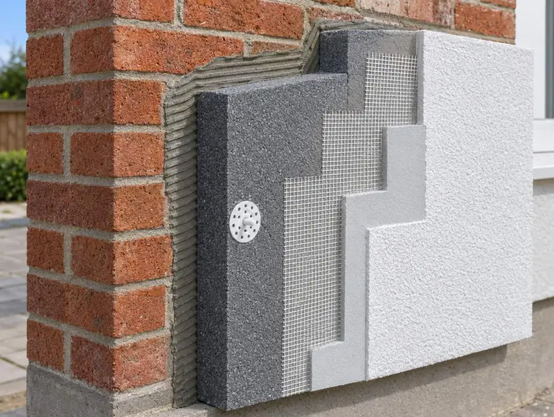 Corner mock-up showing each layer of external wall insulation: brick, adhesive, board with anchor, mesh and render