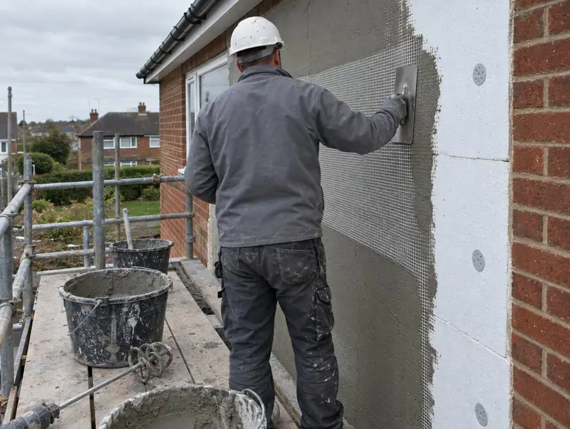 Plasterer on a scaffold pressing reinforcing mesh into basecoat over white insulation boards on a brick house