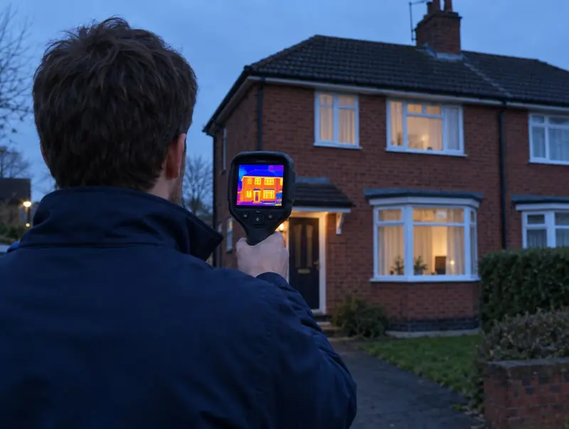 Surveyor using a thermal camera on a red brick semi-detached house at dusk
