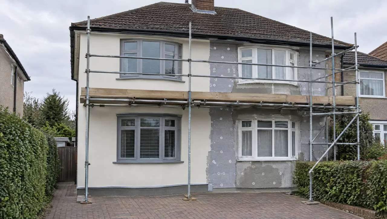 A 1930s semi-detached house half insulated: smooth render on the left, grey insulation boards with anchors and mesh on the right, scaffolding in front