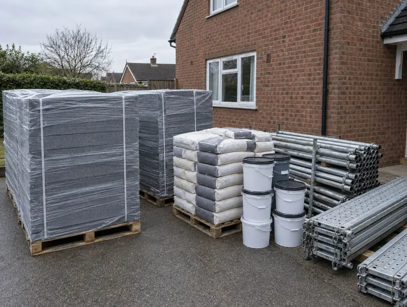 Pallets of insulation boards, bags of render and buckets on a driveway beside a brick house