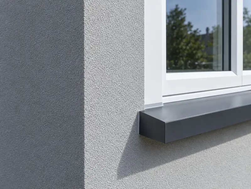 Close-up of light grey textured silicone render at a crisp corner beside a window with a grey sill