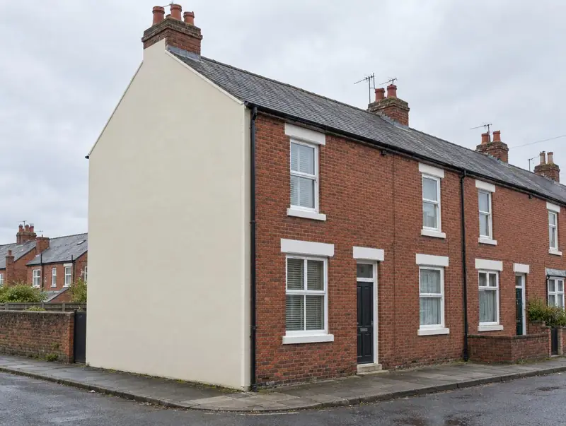 End-of-terrace Victorian house with its gable insulated and rendered in cream, the rest of the terrace in red brick
