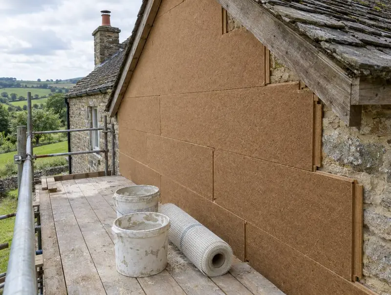 Brown wood fibre insulation boards on the gable of a stone cottage, with mesh and buckets on the scaffold